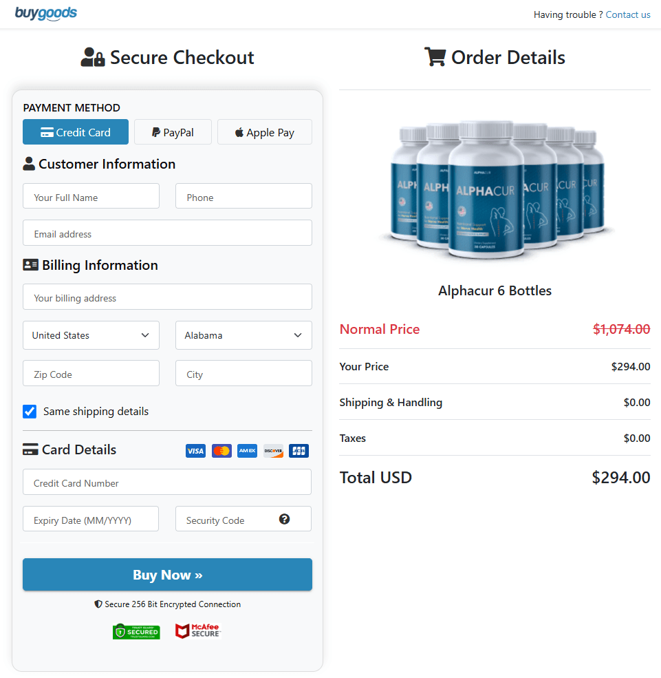 AlphaCur order page